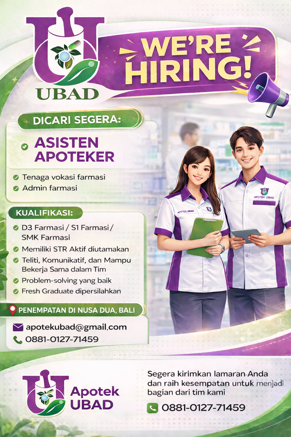 Poster lowongan Apotek UBAD